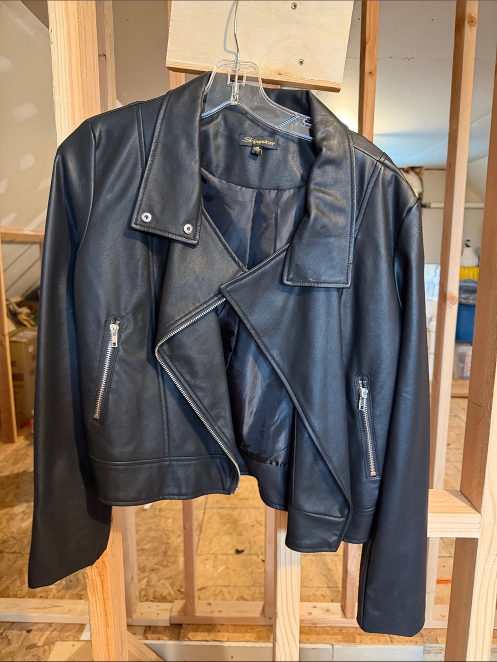 Shinestar Black Faux Leather Biker Jacket for Women